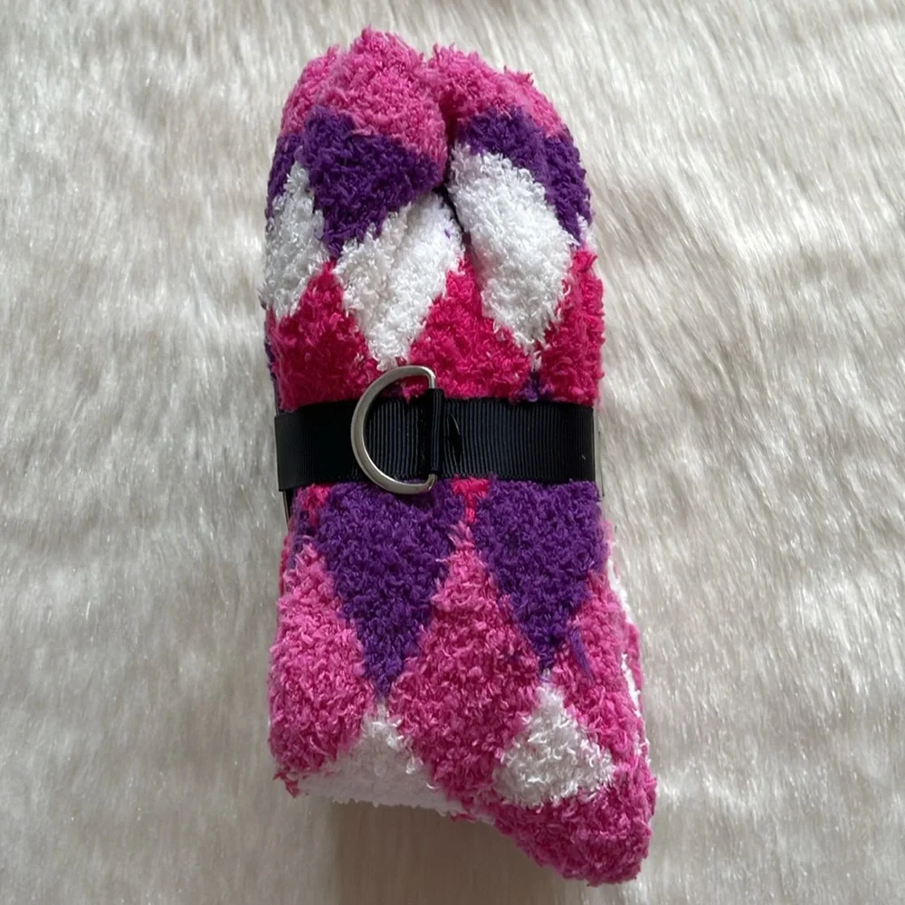 Gold Medal Pink Purple White Argyle Striped Super Soft Plush Butter Crew Socks